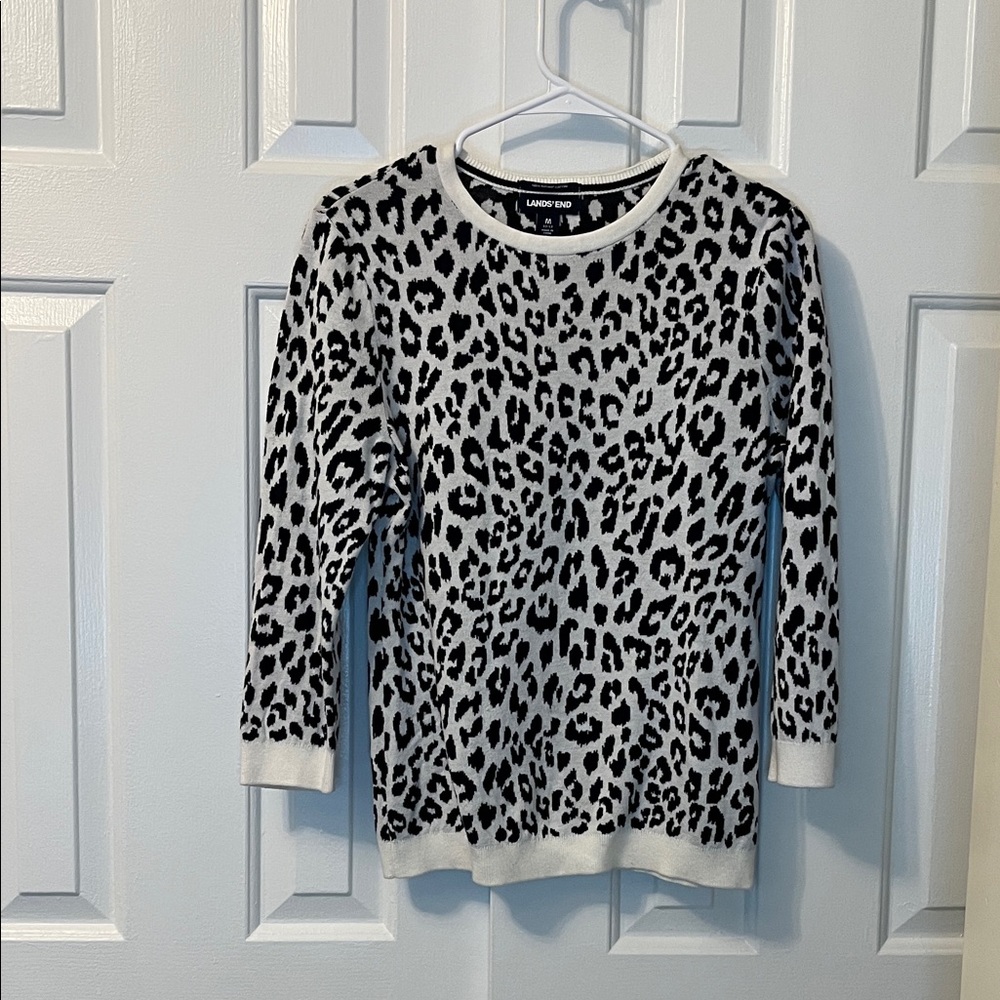 Lands’ End White Leopard 100% Suptima Cotton‎ Sweater Leopard 3/4 Sleeves Size M